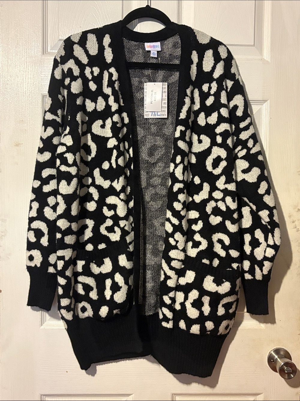 LuLaRoe Peyton Black and White Leopard-Print Open Cardigan Sweater